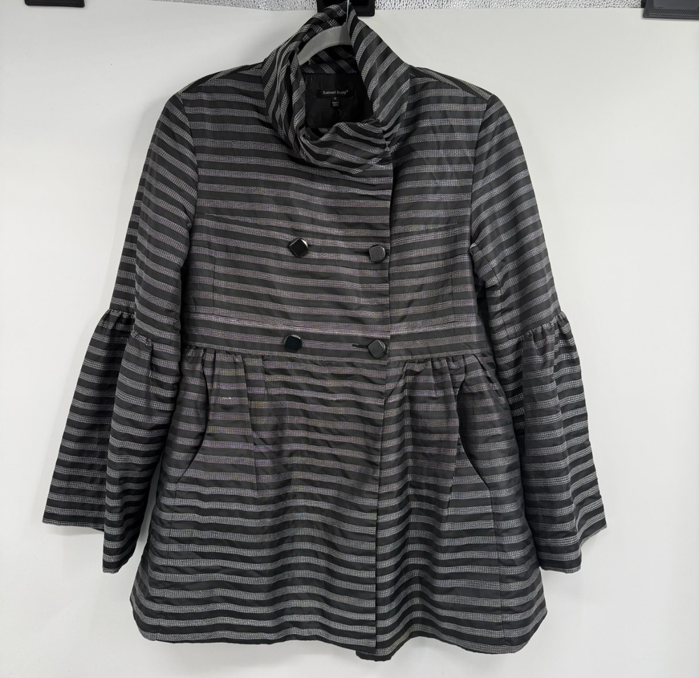 Samuel Dong Striped Peplum Bell Sleeve Jacket Sz M Black Silver Double Breasted